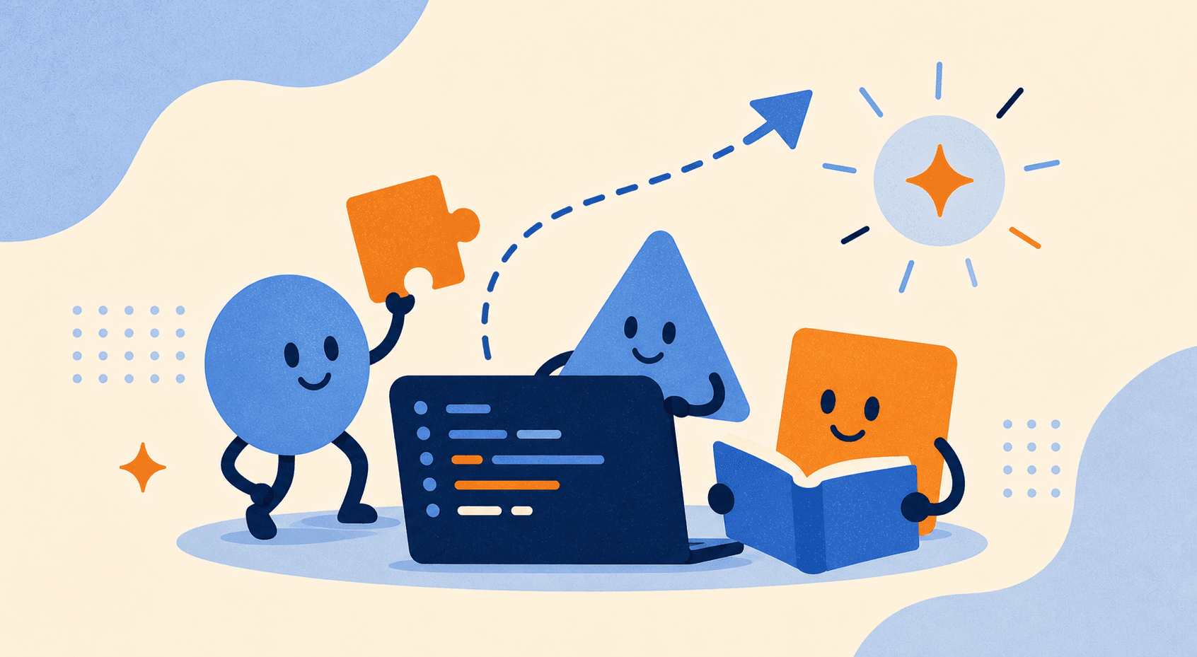 Retro-styled abstract illustration of shapes collaborating around code and books.